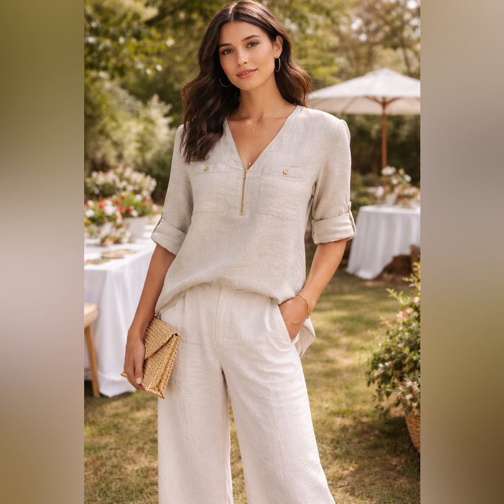 Ellen Tracy Linen V-Neck Zip Top Sandstone Short Sleeve S
